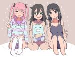  3girls bags_under_eyes black_hair breasts closed_mouth doll doll_hug hair_between_eyes holding holding_doll hood hoodie kuroki_tomoki kuroki_tomoko long_hair looking_at_viewer low_twintails masukumany multiple_girls nemoto_hina open_mouth pink_hair simple_background smile stuffed_toy tamura_yuri twintails v watashi_ga_motenai_no_wa_dou_kangaetemo_omaera_ga_warui! 