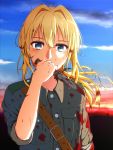  1girl blonde_hair blood bloody_clothes bloody_hair bloody_weapon blue_eyes blue_sky clouds day floating_hair grey_jacket hair_between_eyes holding holding_knife jacket knife long_hair looking_at_viewer military_jacket neko_no_sora outdoors sky sleeves_rolled_up solo upper_body violet_evergarden violet_evergarden_(character) weapon 