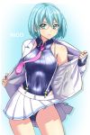  1girl absurdres aqua_eyes aqua_hair blue_gloves blue_leotard character_name commentary_request covered_navel dead_or_alive dead_or_alive_6 fingerless_gloves glasses gloves hair_ornament hairclip highres hiroyama_(hpzg5374) jacket jewelry leotard leotard_under_clothes necktie nico_(doa) parted_lips pink_neckwear pleated_skirt ribbed_leotard ring short_hair simple_background skirt standing suspender_skirt suspenders thumb_ring white_jacket white_skirt wind wind_lift x_hair_ornament 