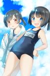  2girls :d :o bangs bare_arms bare_shoulders black_hair blue_eyes blue_sky blue_swimsuit blush breasts clouds cloudy_sky collarbone comah commentary_request daitou_(kantai_collection) day eyebrows_visible_through_hair hair_between_eyes hand_on_hip hiburi_(kantai_collection) highres jacket kantai_collection looking_at_viewer multiple_girls name_tag one-piece_swimsuit open_mouth outdoors red_eyes school_swimsuit short_twintails sky small_breasts smile swimsuit twintails upper_teeth white_jacket 