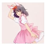  1girl andou_(girls_und_panzer) animal_ears april_tada bangs beige_background black_hair bow brown_eyes collared_shirt comic dark_skin dress easter embarrassed eyebrows_visible_through_hair fake_animal_ears frilled_dress frills from_side frown girls_und_panzer hair_bow hand_on_head lace lace-trimmed_dress large_bow leaning_forward medium_hair messy_hair open_mouth pink_dress puffy_short_sleeves puffy_sleeves rabbit_ears red_bow shirt short_dress short_sleeves silent_comic simple_background solo standing white_shirt 