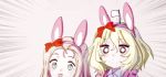  2girls :d animal_ears april_tada bangs blonde_hair blurry blurry_background bow closed_mouth collared_shirt comic dress easter emphasis_lines fake_animal_ears flag frilled_dress frills frown girls_und_panzer green_eyes hair_bow long_hair marie_(girls_und_panzer) medium_hair messy_hair motion_lines multiple_girls o_o open_mouth oshida_(girls_und_panzer) pink_dress puffy_short_sleeves puffy_sleeves rabbit_ears red_bow shirt short_sleeves silent_comic smile white_flag white_shirt 