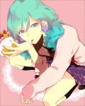  1boy aqua_eyes aqua_hair black_legwear brown_footwear commentary_request cream crossdressinging earrings eyebrows_visible_through_hair food from_above fruit heart heart_earrings highres holding holding_food jewelry kneehighs licking long_hair looking_at_viewer male_focus mikaze_ai necktie pink_skirt pink_sweater polka_dot polka_dot_neckwear shoes skirt sleeves_past_wrists solo sweater tongue tongue_out uta_no_prince-sama uz_saba 