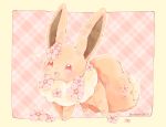  border collet_(pixiv17839028) creatures_(company) eevee flower flower_on_head game_freak gen_1_pokemon highres nintendo no_humans open_mouth pink_background plaid plaid_background pokemon pokemon_(creature) red_eyes smile standing twitter_username yellow_border yellow_outline 