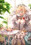  1girl :d ahoge bangs blonde_hair breasts bridal_veil cake cleavage closed_eyes cup eyebrows_visible_through_hair facing_viewer fate/grand_order fate_(series) flower food fruit full-length_zipper glasses gloves hair_between_eyes hair_intakes hazu_t head_wreath lock long_sleeves medium_breasts nero_claudius_(bride)_(fate) nero_claudius_(fate)_(all) open_mouth outstretched_arm padlock plate showgirl_skirt smile solo sparkle strawberry table tea teacup veil white_gloves wide_sleeves zipper zipper_pull_tab 