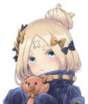  1girl :t abigail_williams_(fate/grand_order) bangs black_bow black_jacket blonde_hair blue_eyes blush bow closed_mouth commentary_request crossed_bandaids fate/grand_order fate_(series) hair_bow hair_bun hands_up head_tilt heroic_spirit_traveling_outfit holding holding_stuffed_animal jacket long_hair long_sleeves looking_at_viewer okada_shou orange_bow parted_bangs polka_dot polka_dot_bow pout simple_background sleeves_past_fingers sleeves_past_wrists solo stuffed_animal stuffed_toy teddy_bear white_background 