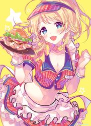  1girl :d ahoge apron blonde_hair blue_eyes blush breasts buttons cleavage collarbone crop_top food frilled_skirt frills hachimiya_meguru hamburger hanai_yuyu hands_up highres holding holding_tray idolmaster idolmaster_shiny_colors light_particles long_hair looking_at_viewer medium_breasts midriff miniskirt navel neck_ribbon open_mouth ponytail red_skirt ribbon short_sleeves simple_background skirt smile solo star stomach tray upper_body visor_cap waist_apron wing_collar wrist_cuffs yellow_background 