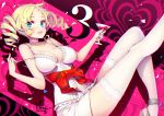  1girl artist_name atlus blonde_hair blue_eyes blush breasts catherine catherine_(game) choker cleavage collarbone commentary cup drill_hair drinking_glass english_text eyebrows_visible_through_hair glass highres hong_(white_spider) large_breasts lips long_hair looking_at_viewer open_mouth skirt smile solo teeth thigh-highs twin_drills twintails white_choker white_legwear white_skirt wine_glass 