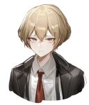  1boy black_coat blonde_hair bonno_sasu coat collared_shirt highres limbus_company looking_at_viewer necktie parted_lips portrait project_moon red_necktie shirt simple_background sinclair_(project_moon) solo suspenders white_background white_shirt wing_collar yellow_eyes 
