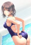  1girl adjusting_clothes adjusting_swimsuit ass blue_eyes blue_swimsuit competition_swimsuit cowboy_shot dutch_angle frapowa grey_hair indoors looking_at_viewer love_live! love_live!_sunshine!! one-piece_swimsuit pool short_hair smile solo swimsuit watanabe_you wet wet_clothes wet_swimsuit 