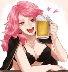  1girl alcohol bad_id bad_pixiv_id beer beer_mug black_clover blush bra breasts cleavage cup heart long_hair mug open_mouth pink_hair simple_background smile underwear vanessa_enoteca violet_eyes white_background yoshitaro_(almendra) 