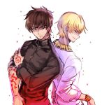  2boys back-to-back black_shirt blonde_hair bracelet brown_eyes brown_hair closed_eyes fate/stay_night fate_(series) gilgamesh jewelry kotomine_kirei long_sleeves lowres male_focus multiple_boys necklace parted_lips shida_(xwheel) shirt simple_background sleeves_rolled_up white_background white_shirt 