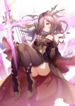  1girl aki663 alternate_breast_size bare_shoulders black_legwear blush breasts cape detached_sleeves full_body granblue_fantasy hair_ornament hair_over_one_eye hair_stick hand_on_own_chest harp high_heels highres holding holding_instrument instrument large_breasts lips long_hair looking_at_viewer nio_(granblue_fantasy) parted_lips ponytail purple_hair solo thigh-highs violet_eyes 