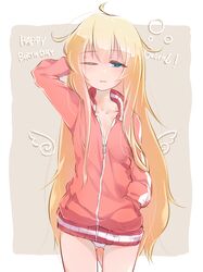  1girl ahoge aqua_eyes birthday blonde_hair commentary gabriel_dropout hand_behind_head hand_in_pocket highres jacket long_hair messy_hair no_pants one_eye_closed panties panty_peek parted_lips sazanka simple_background sleepy solo tenma_gabriel_white track_jacket underwear very_long_hair white_panties 