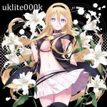 1girl black_background blonde_hair blue_eyes breasts cleavage collar flower hairband highres holding holding_flower large_breasts lily_(flower) lily_(vocaloid) long_hair looking_at_viewer midriff navel parted_lips skirt solo thigh-highs twitter_username very_long_hair vest vocaloid yuuki_kira 
