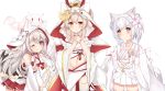  3girls alternate_costume animal_ear_fluff animal_ears ayanami_(azur_lane) azur_lane bare_shoulders blush breasts brown_eyes cat_ears chinese_commentary choker collar commentary_request detached_sleeves dress flat_chest flower hair_flower hair_ornament hood japanese_clothes kuaua large_breasts long_hair long_sleeves looking_at_viewer midriff multiple_girls navel one_eye_closed platinum_blonde_hair pleated_skirt red_collar red_eyes red_string short_hair sidelocks silver_hair simple_background skirt smile string thigh-highs tongue tongue_out under_boob wedding_dress white_background white_hair white_legwear wide_sleeves yellow_eyes yukikaze_(azur_lane) yuudachi_(azur_lane) 