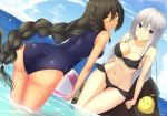  2girls ass azur_lane back ball beachball bikini black_bikini black_hair blue_eyes braid breasts cleavage clouds cloudy_sky collarbone day dutch_angle enterprise_(azur_lane) eyebrows_visible_through_hair hair_between_eyes highres huge_ass long_hair looking_at_viewer medium_breasts mofu_cat001 multiple_girls navel ocean one-piece_swimsuit orange_eyes outdoors parted_lips partially_submerged rock school_swimsuit side_braid signature silver_hair sky smile south_dakota_(azur_lane) straight_hair swimsuit wading wide_hips 