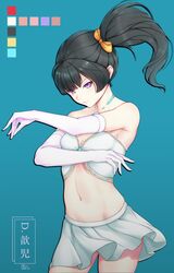  1girl bare_shoulders black_hair blue_background bow breasts commentary_request elbow_gloves eyebrows_visible_through_hair gloves hair_bow highres lis_zhu_long long_hair looking_at_viewer navel orange_bow original pink_eyes skirt sleeveless small_breasts solo white_gloves white_skirt 