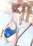  1girl ass bangs blue_swimsuit breasts brown_hair cowboy_shot from_behind higuchi_madoka idolmaster idolmaster_shiny_colors light_purple_eyes looking_at_viewer medium_breasts mole mole_under_eye pool_ladder shohei_(piranha5hk) short_hair solo swept_bangs swimsuit water 