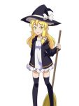  1girl alternate_costume bangs black_headwear black_jacket black_legwear blonde_hair blush bow broom cato_(monocatienus) commentary_request dress eyebrows_visible_through_hair feet_out_of_frame hair_bow hat hat_bow holding holding_broom jacket kirisame_marisa long_hair long_sleeves looking_at_viewer open_clothes open_jacket open_mouth simple_background single_sidelock solo standing thigh-highs touhou white_background white_bow white_dress witch_hat yellow_eyes zettai_ryouiki 