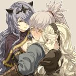  1boy 2girls blush camilla_(fire_emblem_if) eyebrows_visible_through_hair female_my_unit_(fire_emblem_if) fire_emblem fire_emblem_if girl_sandwich hair_over_one_eye hairband hug hug_from_behind long_hair looking_at_viewer mooncanopy multiple_girls my_unit_(fire_emblem_if) nintendo pointy_ears purple_hair red_eyes sandwiched silver_hair simple_background smile takumi_(fire_emblem_if) tiara upper_body violet_eyes 