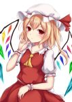  1girl bangs blonde_hair collared_shirt commentary_request crystal eyebrows_visible_through_hair flandre_scarlet frilled_shirt_collar frills hair_between_eyes hand_up hat hat_ribbon highres kashiwagi_yamine long_hair mob_cap one_side_up puffy_short_sleeves puffy_sleeves red_eyes red_ribbon red_skirt red_vest ribbon shirt short_sleeves simple_background skirt solo touhou vest white_background white_headwear white_shirt wings wrist_cuffs yellow_neckwear 