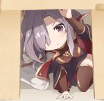  1girl brown_eyes cape cardboard dress granblue_fantasy hair_ornament hair_over_one_eye harvin lowres miyashirorin nio_(granblue_fantasy) ponytail serious small_hands thigh-highs 