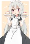  1girl :o alternate_costume apron bangs black_dress blush brown_background cake collarbone collared_dress commentary_request dress elbow_gloves enmaided eyebrows_visible_through_hair food fruit gloves grey_hair hair_between_eyes hair_ornament hands_up highres holding holding_plate jiu_(sdesd3205) long_hair looking_at_viewer maid maid_apron maid_headdress parted_lips plate puffy_short_sleeves puffy_sleeves short_sleeves sidelocks solo sophie_twilight strawberry tonari_no_kyuuketsuki-san two-tone_background very_long_hair violet_eyes white_apron white_background white_gloves 
