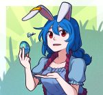  1girl animal_ears bangs blue_dress blue_hair commentary dress ear_clip easter_egg egg english_commentary english_text hair_between_eyes holding_egg long_hair looking_at_viewer low_twintails open_mouth puffy_short_sleeves puffy_sleeves rabbit_ears red_eyes seiran_(touhou) short_sleeves solo speckticuls touhou twintails upper_body 