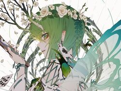  1girl beetle branch bug card close-up earrings eyebrows_visible_through_hair green_eyes green_hair head_wreath insect jewelry long_hair looking_at_viewer original parted_lips playing_card solo wanke 