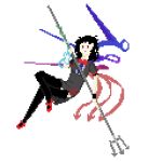  1girl 8-bit asymmetrical_wings black_dress black_hair black_legwear blue_wings bow bowtie dress houjuu_nue pitchfork polearm red_bow red_eyes red_footwear red_wings shoe_bow shoes short_hair solo thigh-highs touhou trident weapon wings 