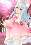  1girl absurdres ahoge animal_ears bare_shoulders blue_eyes blue_hair cherry_blossoms detached_sleeves dog_ears dress elin_(tera) forest from_behind highres huge_filesize long_hair looking_back nature no_tail open_mouth outdoors outstretched_arms pink_dress smile solo sonia_(fetusdream) tera_online thigh-highs tree white_legwear 