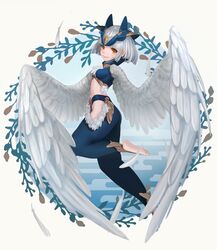  1girl bangs barefoot blue_headwear blue_pants blunt_bangs breasts brown_eyes egasumi feathered_wings full_body harpy headpiece highres hinskira midriff monster_girl original pants short_hair small_breasts smile solo white_background white_feathers white_hair white_wings wings 