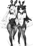  2girls animal_ears bangs bare_shoulders blush breasts cleavage closed_mouth covered_navel detached_collar earrings ereshkigal_(fate/grand_order) fate/grand_order fate_(series) greyscale hair_ribbon high_heels highres hoop_earrings ishtar_(fate/grand_order) jewelry leotard long_hair looking_at_viewer medium_breasts monochrome multiple_girls orange_maru pantyhose parted_bangs rabbit_ears ribbon simple_background sitting skull smile thighlet thighs two_side_up white_background 