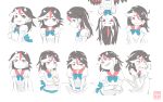  /\/\/\ 1girl :o black_hair blue_bow blue_neckwear bow closed_mouth expressions frown grin hand_on_own_elbow hand_up highres horns kani_onigiri_(shottare) kijin_seija long_hair multicolored_hair open_mouth puffy_short_sleeves puffy_sleeves red_eyes redhead sanpaku sharp_teeth short_sleeves smile streaked_hair surprised teeth touhou upper_body upside-down v-shaped_eyebrows white_background white_hair 