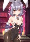  1girl animal_ears bangs bare_shoulders black_leotard breasts brown_legwear bunny_girl bunny_tail bunnysuit collar collarbone commentary_request contrapposto covered_navel detached_collar detached_sleeves earrings eyebrows_visible_through_hair fake_animal_ears fate/grand_order fate_(series) frown grey_hair hair_between_eyes hair_ribbon hairband indoors jewelry kama_(fate/grand_order) kemonomimi_mode leotard long_sleeves magatama magatama_earrings medium_breasts pantyhose pink_ribbon purple_sleeves rabbit_ears red_eyes ribbon signature sleeves_past_wrists solo strapless strapless_leotard tail tyone white_collar white_hairband wing_collar 