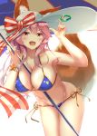  1girl animal_ear_fluff animal_ears beach_umbrella bikini blue_bikini breasts cleavage commentary_request ears_through_headwear eyebrows_visible_through_hair fate/grand_order fate_(series) fox_ears fox_girl fox_tail hat jewelry large_breasts pink_hair side-tie_bikini solo straw_hat sun_hat swimsuit tail tamamo_(fate)_(all) tamamo_no_mae_(fate) tamamo_no_mae_(swimsuit_lancer)_(fate) tetranono umbrella yellow_eyes 