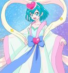  1girl :d blue_eyes blue_hair collarbone hagoromo_lala haruyama_kazunori heart japanese_clothes long_sleeves looking_at_viewer open_mouth pointy_ears precure shawl short_hair smile solo star star-shaped_pupils star_twinkle_precure symbol-shaped_pupils wide_sleeves 
