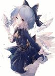 1girl absurdres alternate_costume blue_dress blue_eyes blue_hair bow bowtie cirno cowboy_shot dress formal garter_straps gloves hair_bow happy highres hito_komoru ice ice_wings lace light_particles looking_at_viewer looking_to_the_side shadow short_hair smile solo touhou white_gloves wings 
