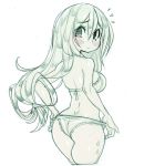  1girl adjusting_clothes adjusting_swimsuit asui_tsuyu bare_shoulders bikini blush boku_no_hero_academia breasts commentary cowboy_shot cropped_legs dimples_of_venus english_commentary flying_sweatdrops from_behind hair_between_eyes long_hair looking_back medium_breasts monochrome parororo shiny shiny_skin sketch solo swimsuit 