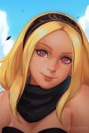  1girl artist_name bare_shoulders blonde_hair blue_sky close-up clouds day face gravity_daze hairband highres kitten_(gravity_daze) koyorin leotard lips long_hair looking_at_viewer motion_blur red_eyes scarf sky smile solo strapless wind 