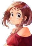  1girl absurdres bare_shoulders blush boku_no_hero_academia brown_eyes brown_hair closed_mouth commentary_request face from_side highres looking_at_viewer mitsubachi82 red_sweater short_hair sidelocks simple_background smile solo sweater uraraka_ochako white_background 