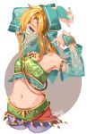  1boy alternate_costume armlet blonde_hair blue_eyes bridal_gauntlets commentary_request cropped_legs crossdressinging dancing detached_sleeves forehead_jewel gem gerudo_link green_nails harem_pants highres jewelry link male_focus midriff nail_polish navel necklace nintendo otoko_no_ko pants pointy_ears signature solo stomach strapless the_legend_of_zelda the_legend_of_zelda:_breath_of_the_wild tubetop veil zozy_yy 