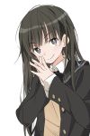  1girl amagami ayatsuji_tsukasa bangs black_eyes black_hair black_jacket blazer blush closed_mouth commentary fingers_together ixy jacket kibito_high_school_uniform long_hair long_sleeves looking_at_viewer school_uniform simple_background smile solo upper_body white_background 