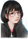  1girl bangs black_hair brown_eyes face glasses highres lips looking_at_viewer original randy_(awesomevillage) short_hair simple_background solo white_background zipper_pull_tab 