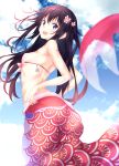  1girl :d absurdres akatsuki_(kantai_collection) bangs bikini black_hair blue_eyes blue_sky blush breasts clouds day floating_hair flower hair_flower hair_ornament highres kantai_collection kodomo_no_hi koinobori long_hair looking_at_viewer looking_back numpopo open_mouth outdoors shell shell_bikini sidelocks sky small_breasts smile solo swimsuit very_long_hair 