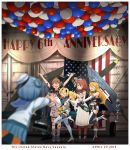  &gt;_&lt; 6+girls arms_up balloon banner blonde_hair blue_eyes blue_hair boots brown_hair closed_eyes commentary_request double_bun dress elbow_gloves english_text flag gambier_bay_(kantai_collection) gloves hairband hat highres intrepid_(kantai_collection) iowa_(kantai_collection) johnston_(kantai_collection) kantai_collection kitsuneno_denpachi long_hair long_sleeves multiple_girls open_mouth outstretched_arms photo_(object) sailor_hat samuel_b._roberts_(kantai_collection) saratoga_(kantai_collection) school_uniform serafuku short_hair short_sleeves shorts side_ponytail sleeveless smile standing star thigh-highs translation_request twintails 