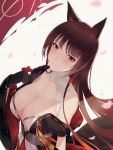  1girl akagi_(azur_lane) alexiel_(pixiv6211566) animal_ears azur_lane bangs blush breasts brown_hair cleavage commentary_request dated eyebrows_visible_through_hair fox_ears fox_girl fox_tail gloves highres holding japanese_clothes large_breasts long_hair looking_at_viewer multiple_tails parted_lips red_eyes revision signature smile tail upper_body wide_sleeves 