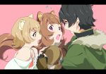  1boy 2girls animal_ear_fluff animal_ears bangs black_hair blonde_hair brown_hair green_eyes iwatani_naofumi long_hair multiple_girls open_mouth pink_eyes raccoon_ears raccoon_girl raphtalia rifana smile tate_no_yuusha_no_nariagari umanosuke very_long_hair yellow_eyes 