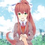  1girl :d artist_name blue_sky blush bow breasts brown_hair bush clouds day doki_doki_literature_club green_eyes grey_jacket hair_bow hair_ribbon hand_holding jacket long_hair long_sleeves looking_at_viewer medium_breasts monika_(doki_doki_literature_club) moshiedraws open_mouth outdoors ponytail power_lines ribbon school_uniform sidelocks sky smile standing very_long_hair white_ribbon 